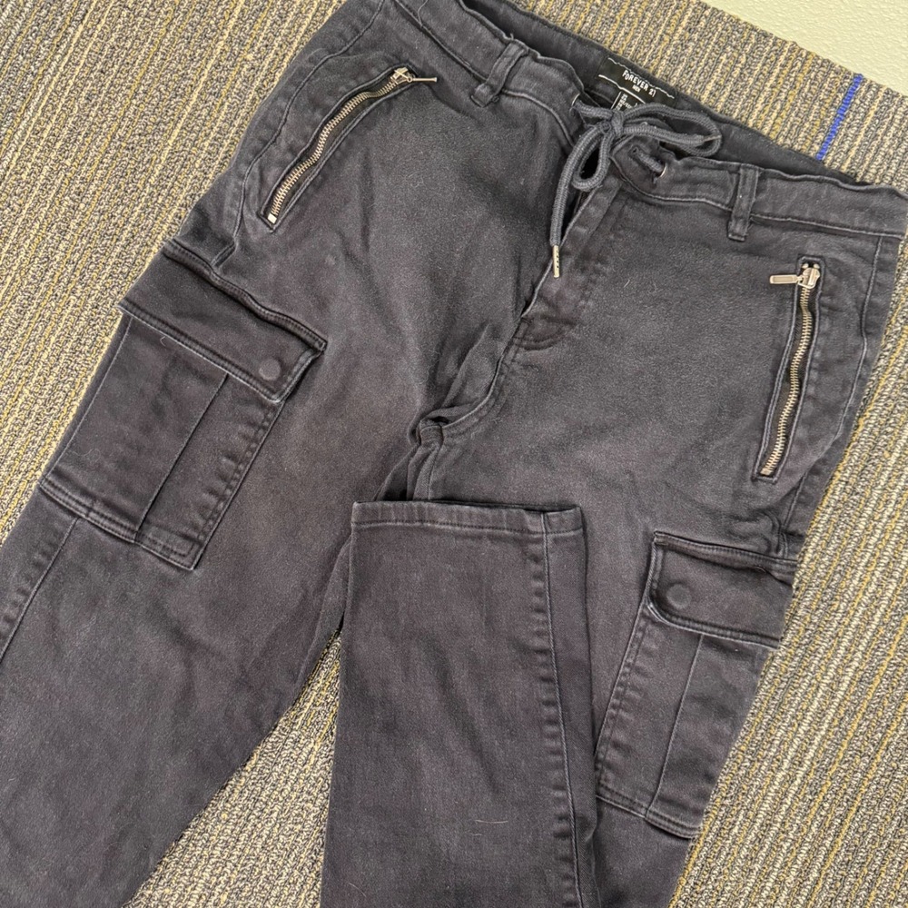 Forever 21 Cargo Jogger Pants Men L Black Excellent Zipper Pockets Drawstring